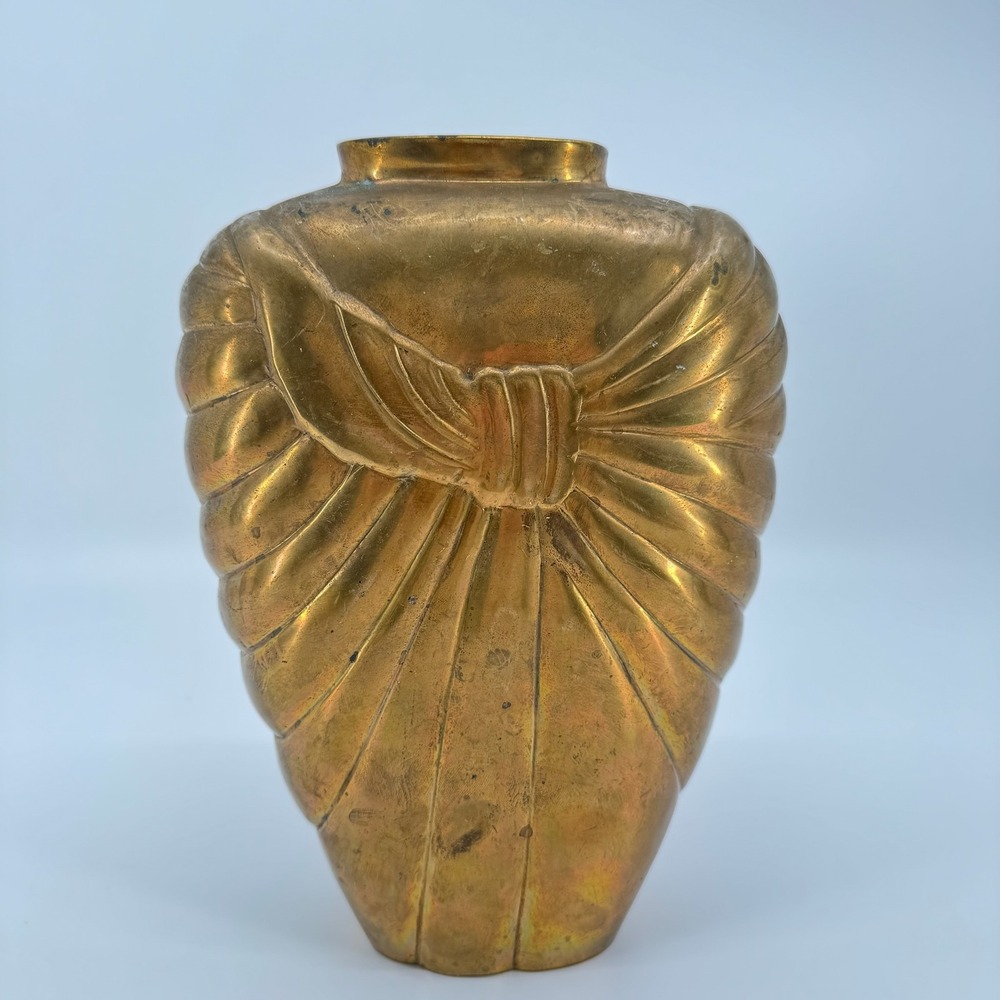 Vtg 70s Brass Vase Art Deco Revival Draped Fan Bow Motif India Heavy 10 Inch
